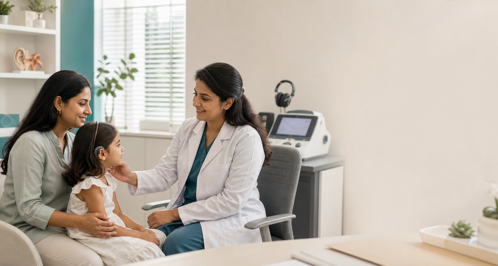 Indian audiologist supporting a child and parent